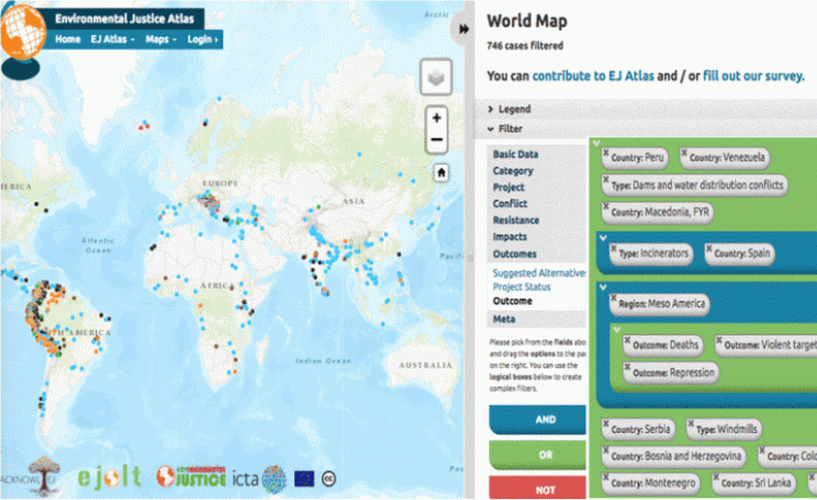Cases of environmental conflicts covered as displayed using the EJATLAs filter tool (see ejatlas.org)